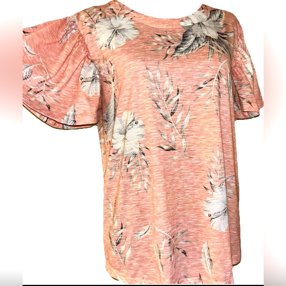 Indigo Poppy Women’s Floral Top with Short Ruffle Sleeve Size XL